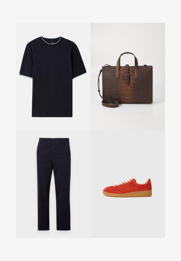 Donkerblauw T-shirt met korte mouwen en een ronde halslijn, voorzien van een lichtblauwe accentkleur bij de kraag en de mouwen. Gemaakt van zachte katoen stof.; PS Paul Smith TROUSER - Chino - dark blue; Rode suède sneaker met witte veters, tan rubberen zool en gouden branding aan de zijkant. Rond neus en laag profiel ontwerp.; Bruine handtas van krokodillenleer met reliëf, voorzien van bovenhandgrepen en een afneembare schouderband. Bevat een gespsluiting en heeft een rechthoekige vorm.