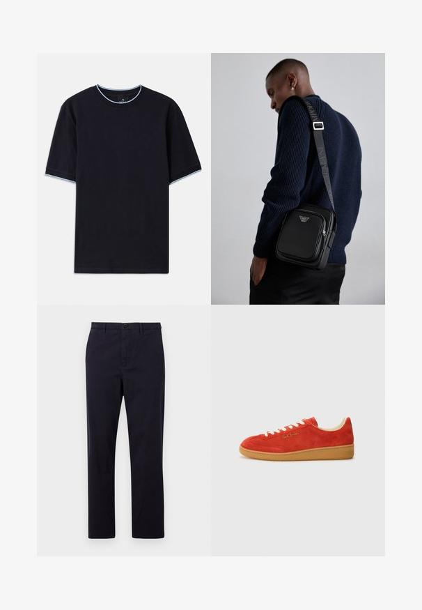T-paita tummansinisestä lyhythihaisesta kankaasta pyöreällä kaula-aukolla, jossa vaaleansininen yksityiskohta kauluksessa ja hihoissa. Valmistettu pehmeästä puuvillakankaasta.; PS Paul Smith TROUSER - Chinot - dark blue; Punttarit punaisesta mokasta valkoisilla nauhoilla, vaaleanruskea kumipohja ja kultainen brändäys sivussa. Pyöristetty kärki ja matalan profiilin muotoilu.; Mustat nahkainen olkalaukku, jossa on vetoketjullinen osasto, logoyksityiskohta ja brändätty säädettävä hihna. Päällä teksturoitu tummansininen villapaita.