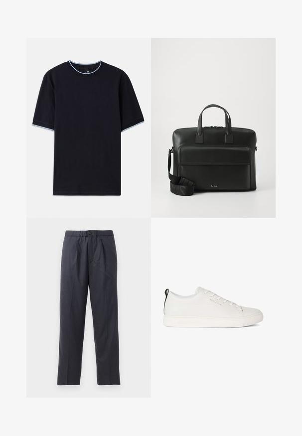 Sötétkék, rövid ujjú póló, lekerekített nyakkal, világoskék díszítéssel a gallérnál és az ujjaknál. Puha pamut anyagból készült.; Sötét tengerészkék nadrág, puha anyagból, plissézett elejű kialakítással és gumis derékkal. Gombos záródással és egyenes szárú szabással rendelkezik.; Fehér bőr sportcipő lekerekített orral, lapos gumitalppal és tónusos varrással. Felső része fűzős, hátulján fekete húzófüllel.; Fekete bőr aktatáska kettős felső fogantyúkkal, elülső zsebbel és levehető pánttal, az alján diszkrét logóval.