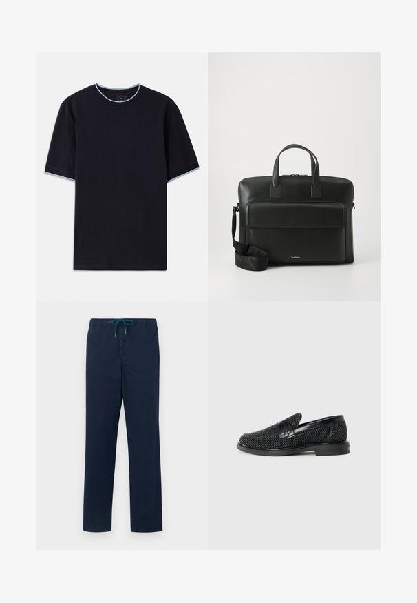 Mørkeblå kortærmet t-shirt med rund halsudskæring, udstyret med lys blå accent ved kraven og ærmerne. Lavet af blødt bomuldsstof.; Mørkeblå bukser med elastisk talje og snøre i teal, med et lige ben-design og glat tekstur.; Sort vævet slip-on sko med en glat læderdetalje på overdelen, en rund tådesign og en lavprofil gummisål.; Sort læder arbejdstaske med dobbelte top-håndtag, en lomme foran og en aftagelig rem, der har subtil branding i bunden.