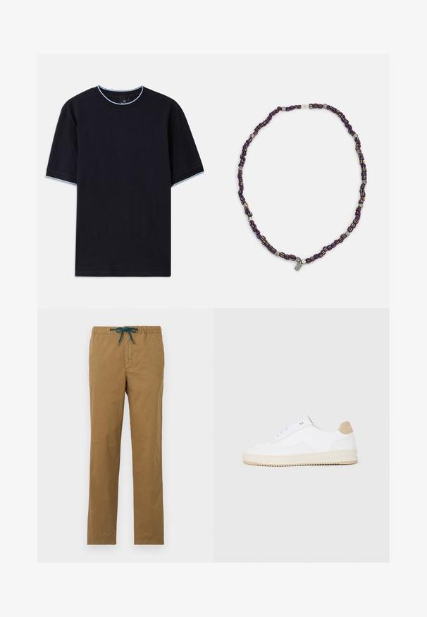 T-shirt à manches courtes bleu foncé avec un col rond, présentant un accent bleu clair au niveau du col et des manches. Fabriqué en tissu en coton doux.; Pantalon en coton marron avec cordon de serrage à la taille en teal. Le design présente des jambes droites sans poches visibles ni embellissements.; Baskets basses blanches avec un dessus en cuir texturé, semelle crémée à stries, et accent de talon tan. Présente des lacets blancs et un logo sur le talon.; Collier en perles multicolores avec des perles bleu foncé, rouge et jaune, entrecoupées d'accents en argent et d'un charme pendentif.