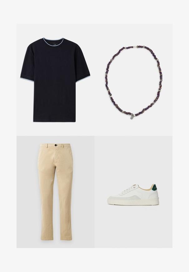 Σκούρο μπλε κοντομάνικο μπλουζάκι με στρογγυλή λαιμόκοψη, που διαθέτει ανοιχτό μπλε λεπτομέρεια στον γιακά και τα μανίκια. Φτιαγμένο από μαλακό βαμβακερό ύφασμα.; Μπεζ βαμβακερές chinos με ίσια γραμμή, διαθέτουν μπροστινό κλείσιμο με κουμπί και διακριτές λεπτομέρειες ραφής. Απαλή υφή χωρίς σχέδια.; Λευκά sneakers με σουέτ λεπτομέρειες, στρογγυλή μύτη, επίπεδα κορδόνια και κρέμα από καουτσούκ σόλα. Διαθέτει πράσινη επωνυμία στη φτέρνα.; Πολύχρωμο κολιέ με χάντρες σε σκούρο μπλε, κόκκινο και κίτρινο, διακοσμημένο με ασημί λεπτομέρειες και ένα κρεμαστό γούρι.