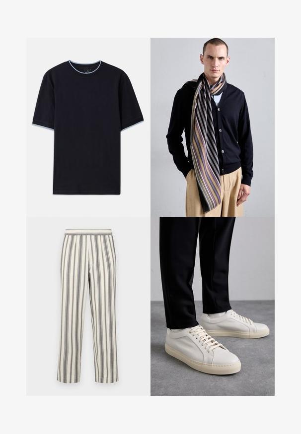 T-shirt à manches courtes bleu foncé avec un col rond, présentant un accent bleu clair au niveau du col et des manches. Fabriqué en tissu en coton doux.; Pantalons rayés de couleur crème clair avec de fines rayures verticales grises. Dotés d'une taille élastique et d'une coupe droite.; Baskets en cuir beige clair avec des lacets plats, une surface texturée et une semelle en caoutchouc crème contrastante, associées à un pantalon noir fuselé.; Cardigan noir avec fermeture à boutons, associé à une écharpe rayée aux couleurs et motifs vifs, porté de manière décontractée sur une chemise claire et un pantalon beige.