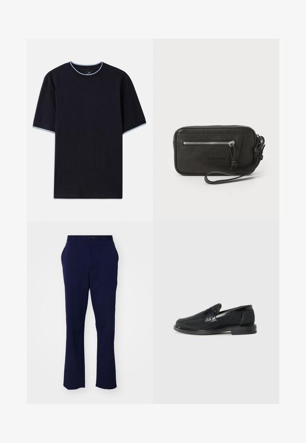 Mørkeblå t-skjorte med korte ermer og rund hals, med lyseblå detaljer ved kragen og ermene. Laget av myk bomullsstoff.; Mørkeblå bukser med rett ben-design. Laget av et glatt stoff, med knappestolpe og to sidelommer.; Sorte vevde slip-on sko med en glatt lærdetalj på overdelen, design med rund tå og en lavprofil gummisåle.; Svart lær clutch med teksturert overflate, frontlomme med glidelås og avtakbar håndleddsreim. Har en logo-patch på fronten. rektangulær form.