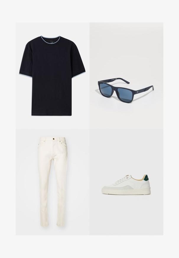 Temno modra kratka majica s kratkimi rokavi in okroglim izrezom, s svetlo modrimi poudarki na ovratniku in rokavih. Narejena iz mehke bombažne tkanine.; Bež pamučne kavbojke s slim fit krojem, z gumbom spredaj, petimi žepi in subtilnimi šivi. Gladka tekstura in zožana noga.; Bela trenerka z zaključki iz semiša, okroglo konico, ravne vezalke in kremna gumijasta podplata. Ima zeleno blagovno znamko na peti.; Modre pravokotne sončna očala s temnimi lečami, mat mornarsko okvirjem, logotipom na ušesni strani, ravnimi kraki in trdno, gladko teksturo.