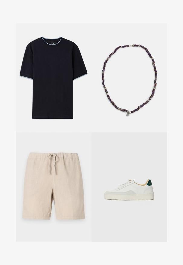Dark blue short-sleeve t-shirt with a round neckline, featuring light blue accent at the collar and sleeves. Made of soft cotton fabric.; 120% Lino MEN BERMUDA - Shorts - sand; White sneaker with suede accents, rounded toe, flat laces, and a cream rubber sole. Features green branding on the heel.; Multicolored beaded necklace with dark blue, red, and yellow beads, interspersed with silver accents and a dangling charm.