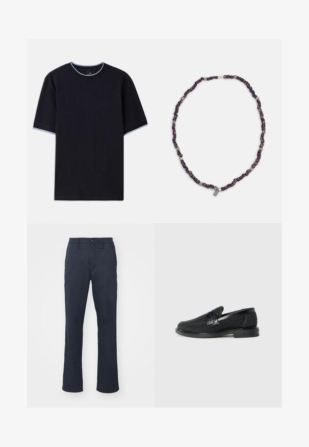 Tume sinine lühikese varrukaga t-särk ümmarguse kaelusega, millel on helesinised aktsendid kaeluse ja varrukate ümber. Valmistatud pehmest puuvillast kangast.; rag & bone STANDARD - Chino-püksid - black; Must musta kootud slip-on king, millel on pehme nahast accent ülaserval, ümmargune varvas ja madal profiiliga kummitald.; Mitmevärviline helmedega kaelakee, kus on tume sinised, punased ja kollased helmed, mille vahel on hõbedased aksessuaarid ja rippuv ripats.