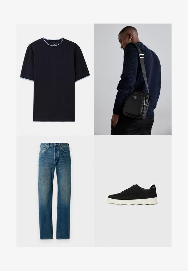 T-shirt a maniche corte di colore blu scuro con scollo rotondo, caratterizzato da dettagli azzurri al colletto e sulle maniche. Realizzato in morbido tessuto di cotone.; Jeans in denim blu con un design a gamba dritta, dotati di uno stile a cinque tasche, sbiadimento sottile e dettagli di cucitura contrastanti.; Sneaker in suede nero con design con lacci e suola in gomma bianca a contrasto. Presenta pannelli laterali testurizzati e un marchio discreto sul tallone.; Borsa a tracolla in pelle nera con un scomparto con zip, dettaglio del logo e una tracolla regolabile con branding. Indossata sopra un maglione blu navy a trama.