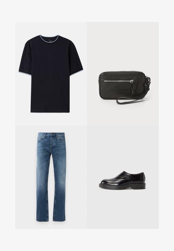 Tamsiai mėlynas trumpas rankovės marškinėlis su apvalia iškirpte, su šviesiai mėlynu akcentu ant apykaklės ir rankovių. Pagamintas iš švelnaus medvilnės audinio.; Mėlynos džinsinės kelnės su tiesiomis kojomis, nusidėvėjusios išvaizdos, penkios kišenės ir kontrastingas siuvinėjimas. Mygtuko ir užtrauktuko uždarymas liemenyje.; Juodos odinės bateliai su apvaliu nosiu, žemu juodu kulniuku ir dekoratyvia juostele. Lygus paviršius su blizgiu apdaila.; Juodas odinis delninukas su tekstūruotu paviršiumi, priekinė užtrauktuko kišenė ir nuimama riešo juosta. Priekyje yra logotipo etiketas. Stačiakampio formos.