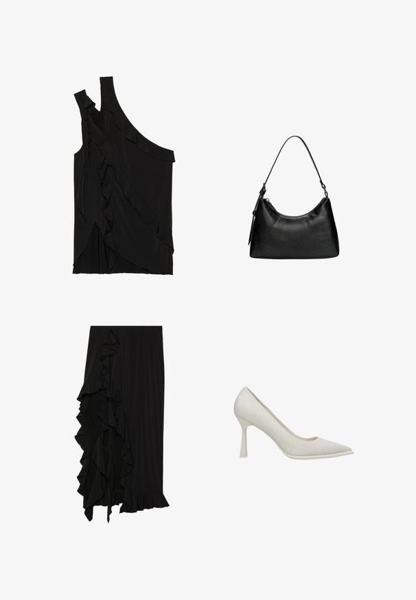 Asymmetrische zwarte top van zachte stof met rimpels aan de zijkant en een enkele band. Gladde textuur met gedrapeerde ontwerpelementen.; Zwarte rok van zachte stof met een gerimpelde rand aan de linkerkant en een flonkerendezoom aan de onderkant, wat een vloeiende silhouette creëert.; Beige hoge hakken met een spitse neus, stoftextuur en slanke stilettohak. Gladde zool met een subtiele glans.; Zwarte synthetische leren handtas met een gebogen vorm, korte handgreep, ritssluiting en een subtiel textuurpatroon op het oppervlak.