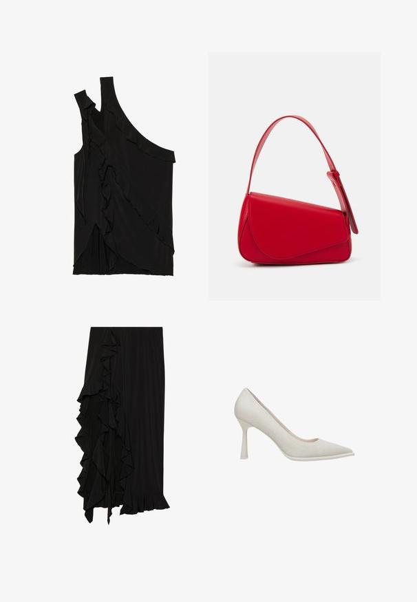 Asymetryczny czarny top z miękkiego materiału, z falbanami po boku i jednym ramiączkiem. Gładka tekstura z elementami drapowania.; Czarna spódnica z miękkiego materiału, z falbaną po lewej stronie i falbaniastego dołu, tworząca płynny kształt.; Beżowe szpilki z wąskim noskiem, tekstura z materiału i smukły obcas typu stiletto. Gładka podeszwa z delikatnym połyskiem.; Czerwona skórzana torebka o kanciastym, geometrycznym designie. Posiada jedną regulowaną rączkę oraz zapięcie na klapę z przeszyciami.