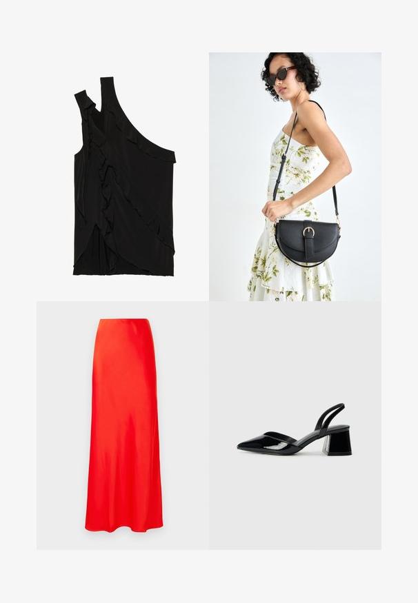 Top preto assimétrico em tecido suave, apresentando folhos ao longo do lado e uma única alça. Textura lisa com elementos de design drapeado.; Saia maxi de cetim vermelho com uma textura suave, alta na cintura, e um formato em A, apresentando um design até ao chão e sem fechos visíveis.; Sandy em verniz preto com salto slingback, ponta afilada e salto geométrico. Apresenta um design elegante e minimalista com textura suave.; Bolsa de couro preta com forma curva, alça destacável e detalhes em dourado. A bolsa possui uma aba com detalhe de fivela.