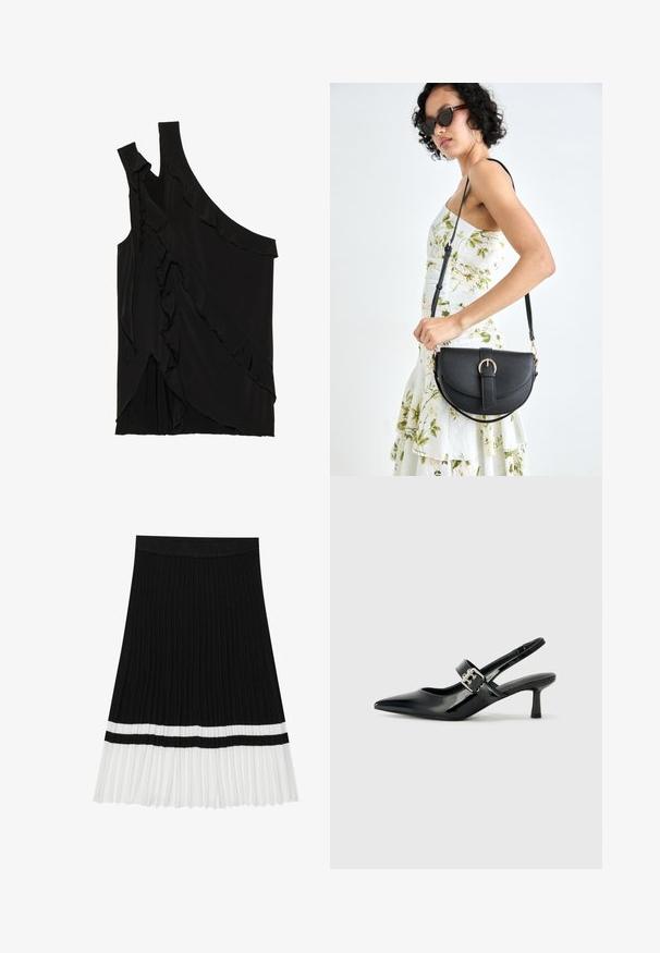 Top negru asimetric dintr-un material moale, cu volane pe o parte și un singur bretele. Textură netedă cu elemente de design drapat.; Fustă plisată neagră cu un design texturat, având un tiv alb și o dungă orizontală neagră aproape de tranziția către secțiunea albă.; Sandale cu toc din piele patent neagră, cu vârful ascuțit și un toc mic bloc, având un accent cu cataramă argintie pe curea.; Geantă din piele neagră, cu o formă curbată, curea detașabilă și accesorii aurii. Geanta are un capac cu un detaliu tip cataramă.