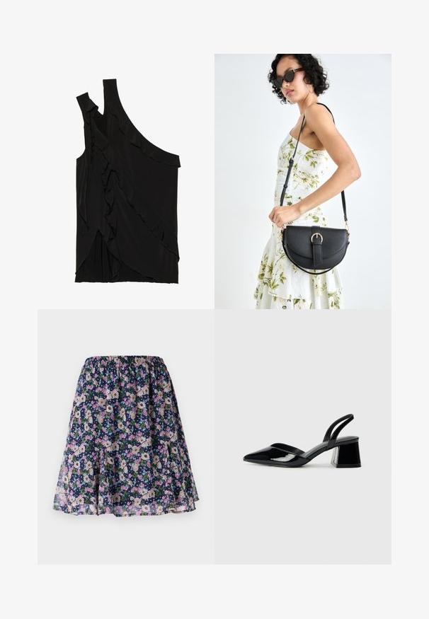 Asymmetrisk svart topp i mjukt tyg med volanger längs sidan och en ensam axelrem. Slät yta med draperade designelement.; Blommig kjol med elastiskt midjeband. Har en mörk marinblå bakgrund med rosa, vita och gröna blommönster. Luftigt, lätt tyg.; Svarta lackläder slingback klackar med spetsig tå och geometrisk klack. Har en elegant, minimalistisk design och slät yta.; Svart läderhandväska med en böjd form, avtagbar rem och guldiga detaljer. Väskan har ett lock med en spänndetalj.
