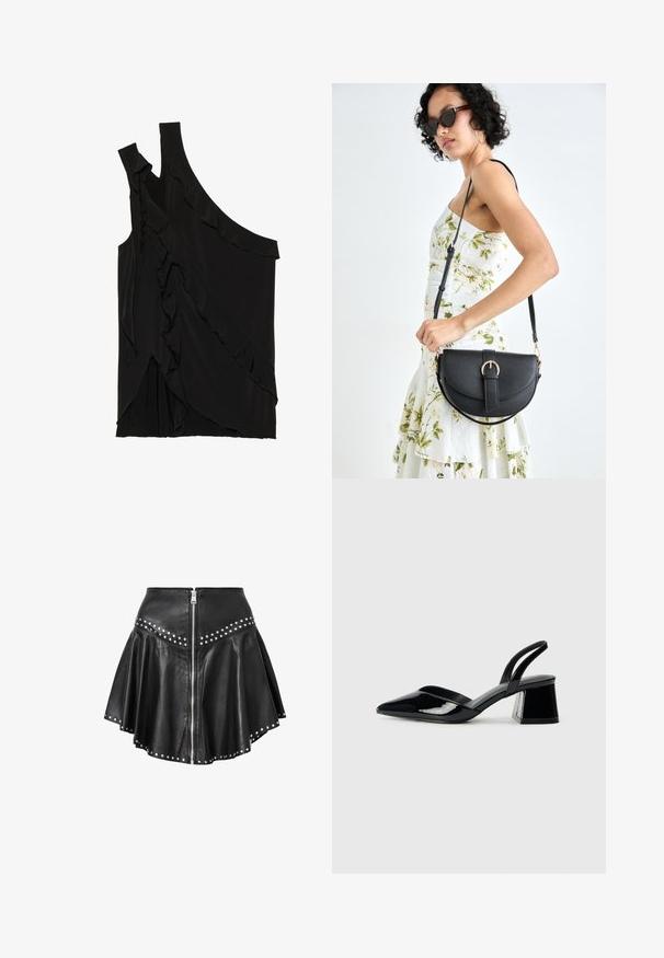 Asymmetrisk svart topp i mjukt tyg med volanger längs sidan och en ensam axelrem. Slät yta med draperade designelement.; Svart läder mini kjol med en utsvängd design, silverfärgade nitar längs nederkanten och midjan, samt en dragkedja fram. Slät textur genom hela plagget.; Svarta lackläder slingback klackar med spetsig tå och geometrisk klack. Har en elegant, minimalistisk design och slät yta.; Svart läderhandväska med en böjd form, avtagbar rem och guldiga detaljer. Väskan har ett lock med en spänndetalj.