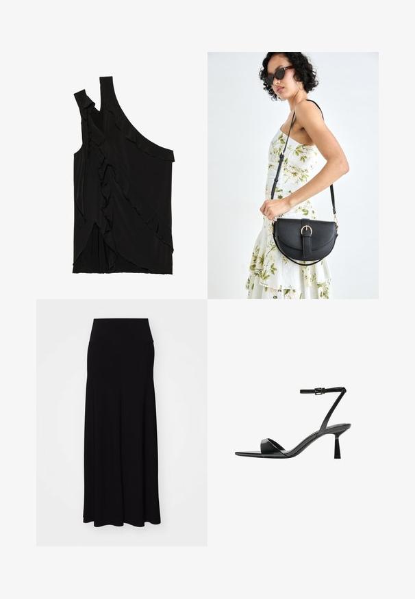 Top negru asimetric dintr-un material moale, cu volane pe o parte și un singur bretele. Textură netedă cu elemente de design drapat.; Fustă maxi neagră cu un brâu elastic lat; realizată dintr-un material moale, elastic; are un design fluid și o tăietură până la podea.; Bershka Sandale cu toc - black; Geantă din piele neagră, cu o formă curbată, curea detașabilă și accesorii aurii. Geanta are un capac cu un detaliu tip cataramă.; Cercei din argint cu stud pătrat, având un finisaj neted și lustruit, într-o formă de lacrimă, care reflectă lumina cu o suprafață lucioasă.