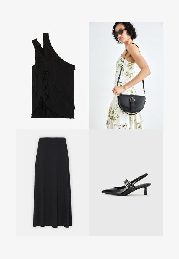 Asymmetrisk sort top i blødt stof med flæser langs siden og en enkelt strop. Glat tekstur med draperede designelementer.; Maxi nederdel i ensfarvet sort. Udfoldet design med en glat tekstur og elastisk talje. Ingen synlige mønstre eller detaljer.; Sorte laker slingback hæle med spids tå og en lille blokhæl, med en sølvspændeaccent på remmen.; Sort læderhåndtaske med en buet form, aftagelig rem og guldfinish. Tasken har en klap med en spænde detalje.