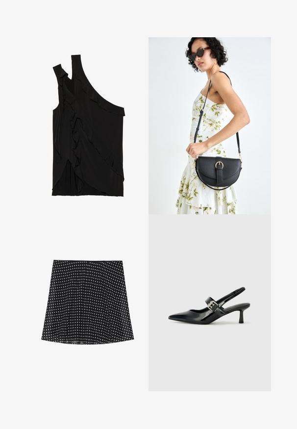 Asimetriška juoda palaidinė iš minkštos medžiagos, pasižyminti volanais šone ir viena petneša. Lygi tekstūra su švelniais drapiruotais elementais.; Juoda sijonas su baltais taškeliais, su klostėmis ir lygia tekstūra. Jis turi kreivinę apykaklę ir paprastą juostos dizainą.; Juodai lakuoti slingback aukštakulniai su smailiu kojų pirštu ir mažais blokiniais kulniukais, su sidabro sagtimi ant dirželio.; Juodas odinis krepšys su išlenkta forma, nuimamu dirželiu ir auksiniais detalėmis. Krepšys turi kilpą su sagtimi.