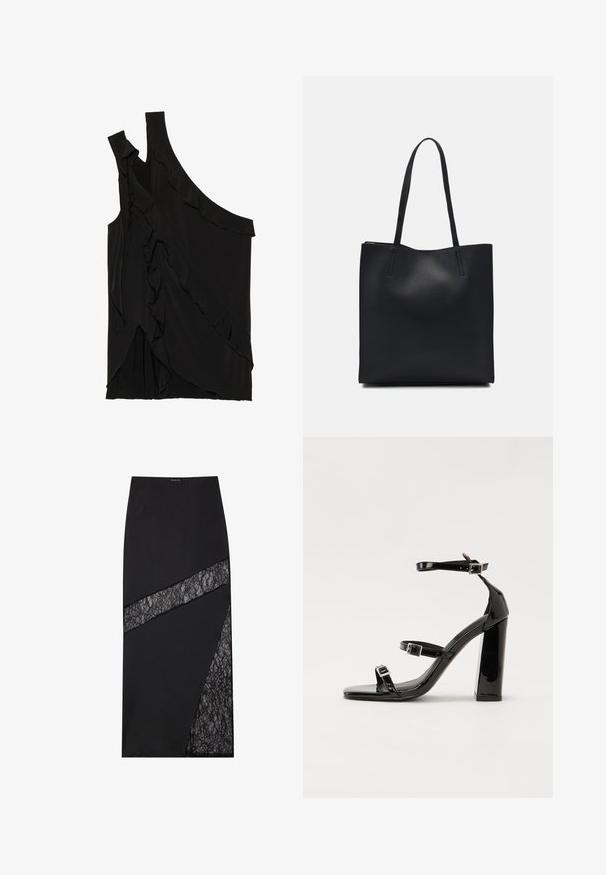 Asymmetrical black top in soft fabric featuring ruffles along the side and a single strap. Smooth texture with draped design elements.; Black midi skirt featuring a geometric design with textured lace inserts, structured fabric, and a sleek silhouette.; Black patent heeled sandals with a square toe, ankle straps, and silver buckles. Features a chunky block heel for stability.; Black leather tote bag with smooth texture, rectangular shape, and two long handles. No visible hardware or embellishments.