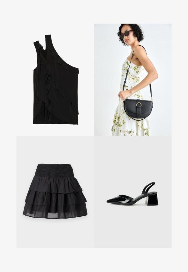 Asymmetrisk svart topp i myk stoff med volanger langs siden og en enkelt stropp. Glatt tekstur med draperte designelementer.; Mustat kerrokselliset hameet, joissa on smockattu vyötärö. Sisältää kolme kerrosta rypytyksiä ja kevyen kankaan virtaavan ilmeen saavuttamiseksi.; Mustat patentoitu nahkakengät, joissa on säären takaosa ja terävä kärki, sekä geometrinen palikkakorko. Sisältää tyylikkään, minimalistisen muotoilun ja sileän pinnan.; Musta nahkainen käsilaukku, joka on kaareva muotoilultaan, irrotettavalla hihnalla ja kultaisilla yksityiskohdilla. Laukussa on läppä, jossa on solk yksityiskohta.