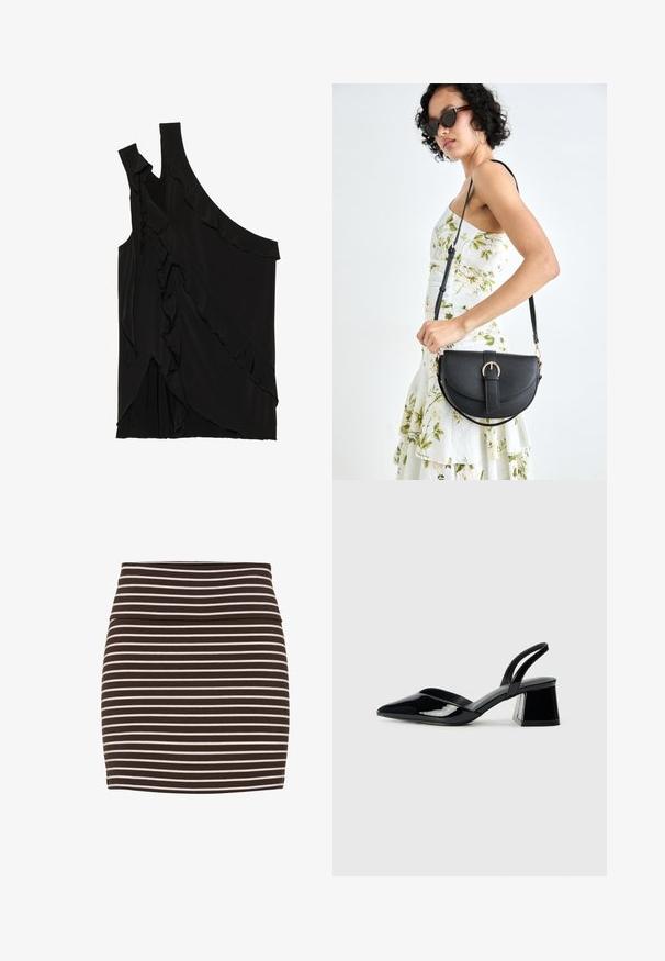 Asymmetrisk svart topp i myk stoff med volanger langs siden og en enkelt stropp. Glatt tekstur med draperte designelementer.; Kahvinja ja valkoisia raitoja sisältävä mini hame, joka on valmistettu pehmeästä kankaasta. Hameessa on tiukka muotoilu ja leveä vyötärö. Tasainen pinta ilman näkyviä kiinnitysosia.; Mustat patentoitu nahkakengät, joissa on säären takaosa ja terävä kärki, sekä geometrinen palikkakorko. Sisältää tyylikkään, minimalistisen muotoilun ja sileän pinnan.; Musta nahkainen käsilaukku, joka on kaareva muotoilultaan, irrotettavalla hihnalla ja kultaisilla yksityiskohdilla. Laukussa on läppä, jossa on solk yksityiskohta.