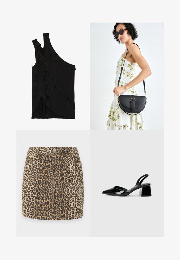 Top negro asimétrico de tejido suave con volantes a lo largo del costado y una sola tirante. Textura suave con elementos de diseño drapeados.; Minifalda de mezclilla con estampado de leopardo, diseño ceñido, cierre de botones y estilo de cinco bolsillos. Presenta una tela texturizada en tonos marrón y negro.; Zapatos de tacón slingback de charol negro con punta afilada y tacón geométrico en bloque. Presentan un diseño elegante y minimalista, así como una textura suave.; Bolso de piel negra con forma curva, correa desmontable y herrajes dorados. El bolso cuenta con una solapa con un detalle de hebilla.