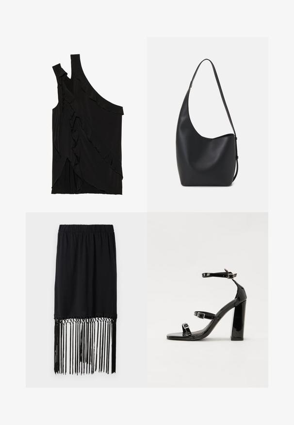 Asimetriška juoda palaidinė iš minkštos medžiagos, pasižyminti volanais šone ir viena petneša. Lygi tekstūra su švelniais drapiruotais elementais.; Juoda sijonas su elastingu juosmeniu ir sušnoru apdaila. Sušnoras pagamintas iš plonų siūlų, pridėdamas tekstūros ir detalumo dizainui.; Juoda blizgi lakuota basutė su kvadratiniu pirštu, kulkšnies dirželiais ir sidabro sagtimis. Yra tvirta blokinė kulno konstrukcija, užtikrinanti stabilumą.; Juodas odinis hobo maišas su lygiu paviršiumi, kreipta forma ir viena reguliuojama rankena; turi platų atidarymą viršuje.