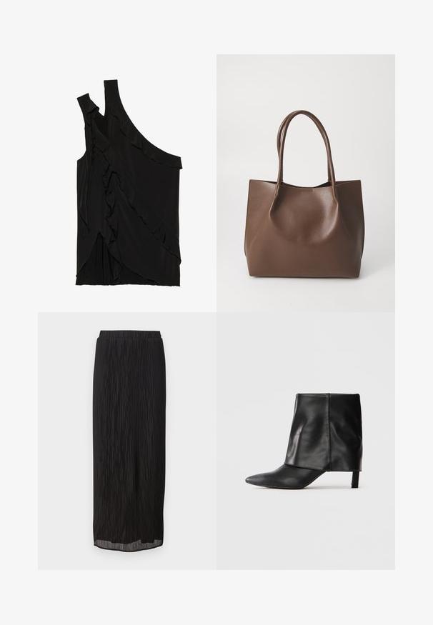 Asymmetrische zwarte top van zachte stof met rimpels aan de zijkant en een enkele band. Gladde textuur met gedrapeerde ontwerpelementen.; Zwarte geplooide midirok met een elastische tailleband en een rechte snit. De stof heeft verticale strepen voor extra textuur.; Zwarte leren laars tot halverwege de kuit met een spitse neus, opgevouwen bovenste schacht en slanke lage hak, staand op een witte achtergrond.; Bruine leren tote bag met twee lange handvatten, gestructureerde vorm, gladde textuur en minimalistisch design. Geen zichtbare hardware of accenten.