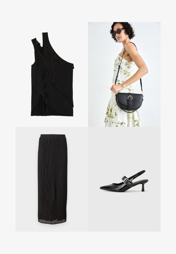 Ujevn svart topp i myk stoff med volanger langs siden og en enkelt stropp. Jevn tekstur med drapert design.; Svart plissert midi-skjørt med elastisk midjebånd og rett snitt. Stoffet har vertikale striper for ekstra tekstur.; Svarte patent lær slingback hæler med spiss tå og en liten blokkheel, med en sølvspenne som detalj på stroppen.; Svart lærveske med en buet form, avtagbar stropp og gullbeslag. Vesken har et klaff med spenne-detall.