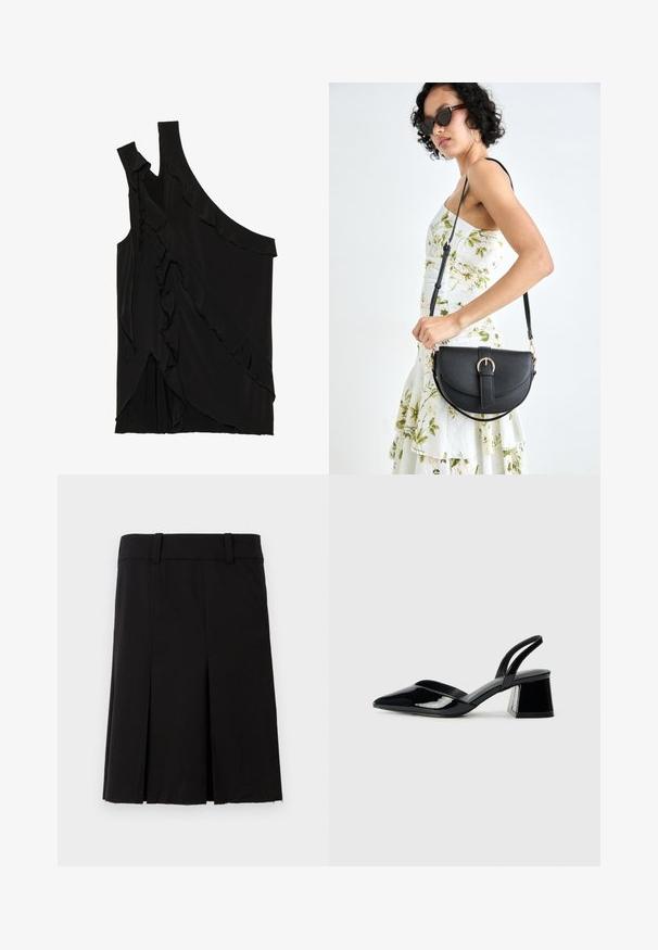 Haut asymétrique noir en tissu doux avec des volants sur le côté et une seule bretelle. Texture lisse avec des éléments de design drapés.; Jupe plissée noire en tissu avec une texture lisse. Elle dispose d'une taille ajustée et d'une coupe droite avec un ourlet au niveau des genoux.; Escarpins en cuir verni noir avec bout pointu et talon bloc géométrique. Présente un design élégant et minimaliste ainsi qu'une texture lisse.; Sac à main en cuir noir avec une forme courbée, bandoulière amovible et des accessoires en or. Le sac est doté d'un rabat avec un détail de boucle.