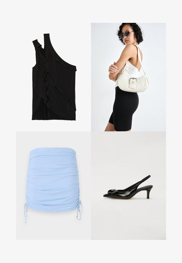 Asymmetrical black top in soft fabric featuring ruffles along the side and a single strap. Smooth texture with draped design elements.; Light blue ruched mini skirt made of stretchy fabric. Features drawstring ties on the sides for adjustable fit and smooth texture.; Black patent leather slingback shoe with a pointed toe, small heel, and a prominent bow accent on the vamp. Smooth texture and sleek design.; White leather handbag with a curved shape, adjustable strap, and a small buckle detail. Model wears a fitted black outfit.