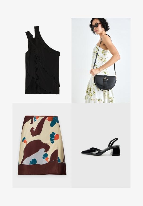 Ujevn svart topp i myk stoff med volanger langs siden og en enkelt stropp. Jevn tekstur med drapert design.; Silke skjørt med en beige bunn med abstrakte burgunder, petrol og røde blomster mønstre; kanten har en mørk burgunder finish.; Svarte patentlær slingback hæler med spiss tå og geometrisk blokk hæl. Har et stilrent, minimalistisk design og jevn tekstur.; Svart lærveske med en buet form, avtagbar stropp og gullbeslag. Vesken har et klaff med spenne-detall.