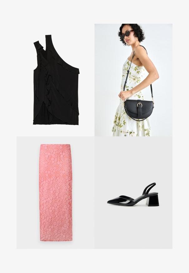 Asimetrisks melns tops no mīksta auduma ar volāniem pa sāniem un vienu siksniņu. Gluda tekstūra ar slīdoša dizaina elementiem.; Gaiša rozā mežģīņu zīda svārki ar ziedu rakstu un teksturētu apdari; līdz ceļiem garš dizains un pieguļošs siluets.; Melna lakota āda ar atvērto papēdi, ar smailu purngalu un ģeometrisku blokpapēdi. Iezīmējas elegants, minimāls dizains un gluda tekstūra.; Melnas ādas rokassoma ar izliekta formu, noņemamu siksnu un zelta aksesuāriem. Somai ir vāciņš ar sprādzes detaļu.