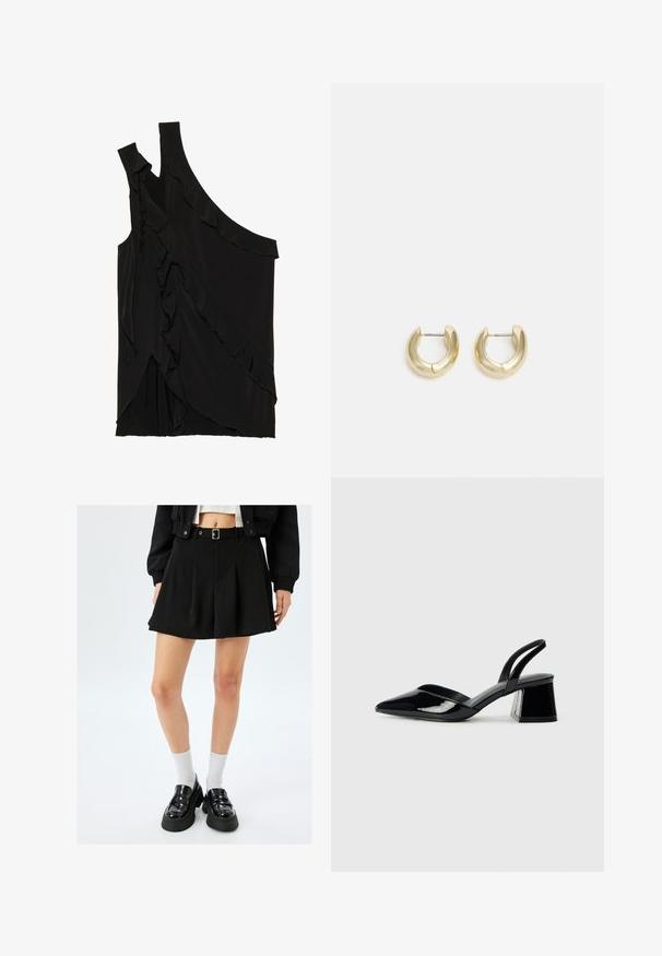 Asymmetrisk sort top i blødt stof med flæser langs siden og en enkelt strop. Glat tekstur med draperede designelementer.; Sort plisseret miniskørt med bælte, lavet af glat stof. Kombineret med patentlæder loafers og hvide ankelsokker.; Sorte patentlæder slingback hæle med spids tå og en geometrisk blok hæl. Har et elegant, minimalistisk design og en glat tekstur.; Guld-tone hoop øreringe med en glat, poleret overflade. Har en halvcirkelform og en sikker stiftlukning.