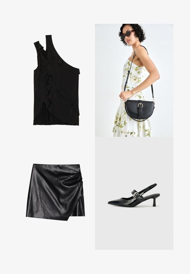 Top asimmetrico nero in morbido tessuto con rouches lungo il lato e una spallina. Texture liscia con elementi di design drappeggiati.; Mini gonna nera in pelle con design avvolgente, caratterizzata da una texture morbida e liscia e dettagli di drappeggio discreti su un lato.; Décolleté neri in vernice con punta affilata e tacco a blocco piccolo, dotati di un accentuato con fibbia argentata sulla cinturino.; Borsa a tracolla nera in pelle con una forma curva, manico rimovibile e accessori dorati. La borsa presenta una patta con un dettaglio a fibbia.