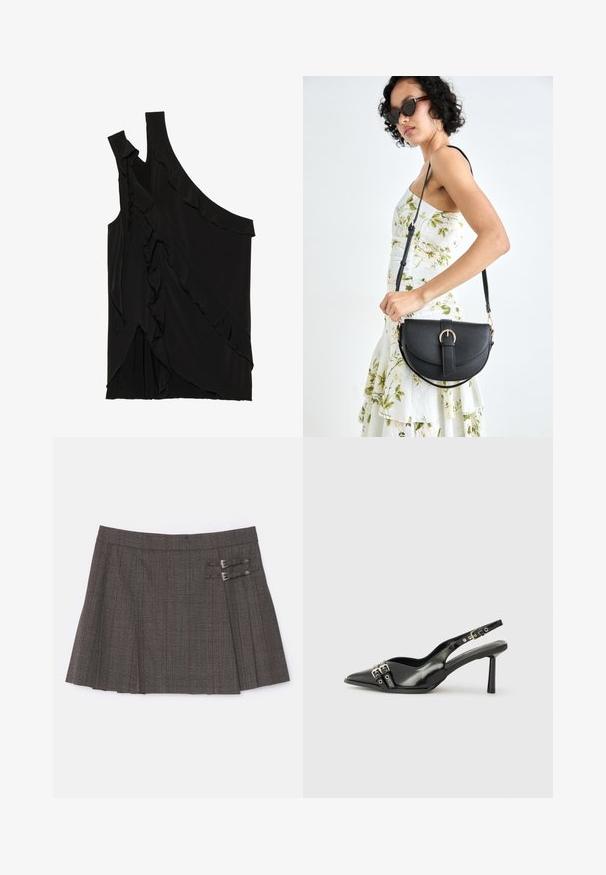 Haut asymétrique noir en tissu doux avec des volants sur le côté et une seule bretelle. Texture lisse avec des éléments de design drapés.; The Kooples JUPE - Minijupe - brown; Chaussure slingback en cuir verni noir avec un embout pointu, des brides de cheville avec des boucles en argent et des éléments en métal, et un talon fin.; Sac à main en cuir noir avec une forme courbée, bandoulière amovible et des accessoires en or. Le sac est doté d'un rabat avec un détail de boucle.
