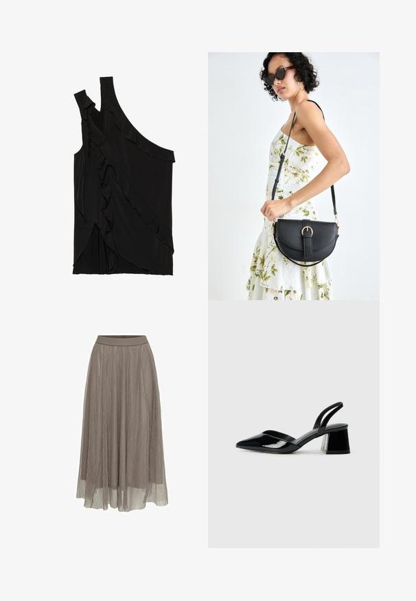 Haut asymétrique noir en tissu doux avec des volants sur le côté et une seule bretelle. Texture lisse avec des éléments de design drapés.; Jupe maxi plissée en taupe, dotée d'une taille lisse et d'une silhouette fluide. Fabriquée en matériau léger et transparent avec une texture fine.; Escarpins en cuir verni noir avec bout pointu et talon bloc géométrique. Présente un design élégant et minimaliste ainsi qu'une texture lisse.; Sac à main en cuir noir avec une forme courbée, bandoulière amovible et des accessoires en or. Le sac est doté d'un rabat avec un détail de boucle.