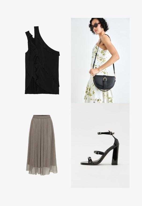 Haut asymétrique noir en tissu doux avec des volants sur le côté et une seule bretelle. Texture lisse avec des éléments de design drapés.; Jupe maxi plissée en taupe, dotée d'une taille lisse et d'une silhouette fluide. Fabriquée en matériau léger et transparent avec une texture fine.; Sandales à talons hauts en cuir verni noir avec deux brides à boucles, bout carré et talon bloc épais, présentant une texture lisse et brillante.; Sac à main en cuir noir avec une forme courbée, bandoulière amovible et des accessoires en or. Le sac est doté d'un rabat avec un détail de boucle.