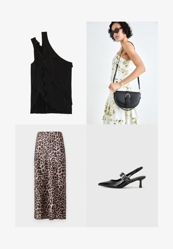 Asimetrisks melns tops no mīksta auduma ar volāniem pa sāniem un vienu siksniņu. Gluda tekstūra ar slīdoša dizaina elementiem.; Leparda raksta satīna svārki ar augstu jostasvietu, ceļu garuma siluetu, mirdzošu tekstūru un plūstošu dizainu.; Melnas lakotas ādas sūkņa kurpes ar norādītu purngali un mazu bloku papēdi, ar sudraba sprādzi akcentā uz jostas.; Melnas ādas rokassoma ar izliekta formu, noņemamu siksnu un zelta aksesuāriem. Somai ir vāciņš ar sprādzes detaļu.