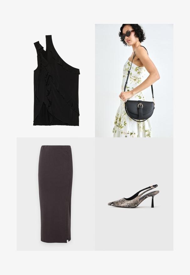Top preto assimétrico em tecido suave, apresentando folhos ao longo do lado e uma única alça. Textura lisa com elementos de design drapeado.; Saia longa, cinza escuro, com cintura elástica, apresentando uma fenda lateral para maior liberdade de movimento e uma textura suave e macia.; Sapatos slingback de bico fino feitos de material texturizado com padrão de cobra, apresentando um salto preto esguio e um design recortado nas laterais.; Bolsa de couro preta com forma curva, alça destacável e detalhes em dourado. A bolsa possui uma aba com detalhe de fivela.