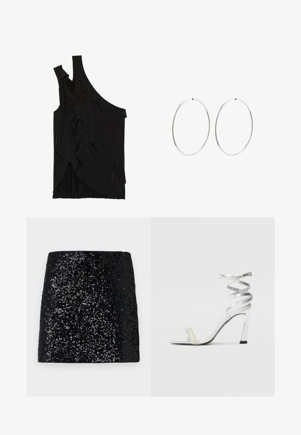 Asimetrična crna majica od mekog materijala s volanima sa strane i jednim remenom. Glatka tekstura s drapiranim dizajnerskim elementima.; Crna suknja od šljokica s teksturiranim površinom, s gradijentnim uzorkom od gustih do rijetkih šljokica, ravnog kroja i bez vidljivih kopčanja.; Srebrna sandala na visokoj potpetici s sjajnim dizajnom trake, s akcentom nalik biseru i spiralnom trakicom za gležanj radi sigurnog držanja.; Srebrne naušnice od obruča s glatkim, okruglim dizajnom i poliranim završetkom. Tanak su i lagani, s jednostavnim zatvaranjem.