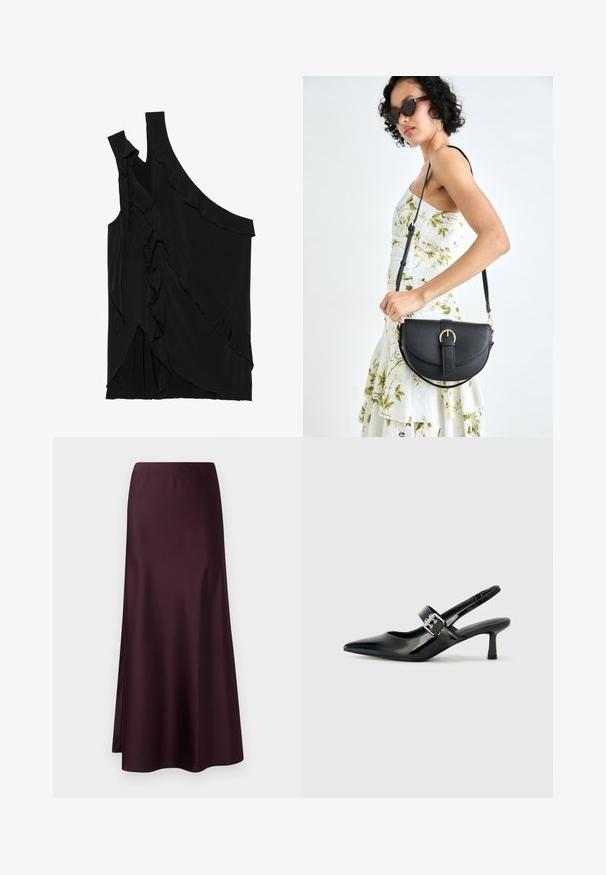 Ujevn svart topp i myk stoff med volanger langs siden og en enkelt stropp. Jevn tekstur med drapert design.; Burgunder satin midi-skjørt med en jevn tekstur, en tettsittende midje og en flytende fald, med en sidespalte for enklere bevegelse.; Svarte patent lær slingback hæler med spiss tå og en liten blokkheel, med en sølvspenne som detalj på stroppen.; Svart lærveske med en buet form, avtagbar stropp og gullbeslag. Vesken har et klaff med spenne-detall.