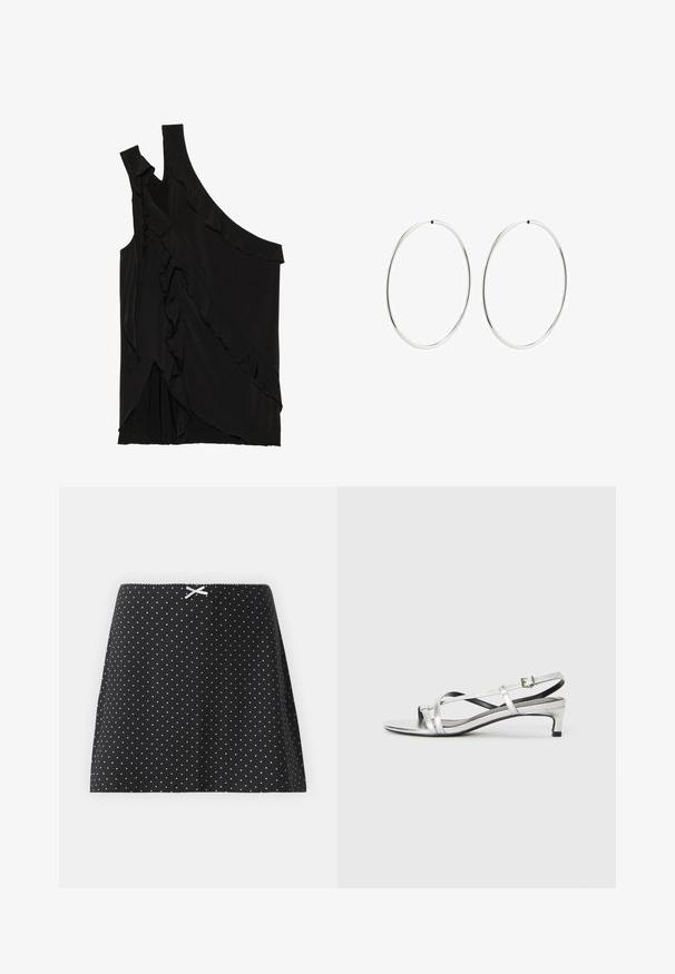 Ebaasne must ülasärk pehmest kangast, rippuvate frillide ja ühe rihmaga. Sile tekstuur, millel on drapeeritud disainielemendid.; Mustra musternööpidega must seelik, flitteriva disainiga, elastse vöökohtaga ja dekoratiivse valge paelaga üleval.; Hõbedane metallist suss-sandaal madala kandega, millel on ristuvad rihmad ja sile tekstuur. Minimalistlik disain.; Hõbedased rõngaskõrvarõngad, millel on sujuv, ümmargune disain ja poleeritud viimistlus. Need on õhukesed ja kerged, omades lihtsat klambrit.