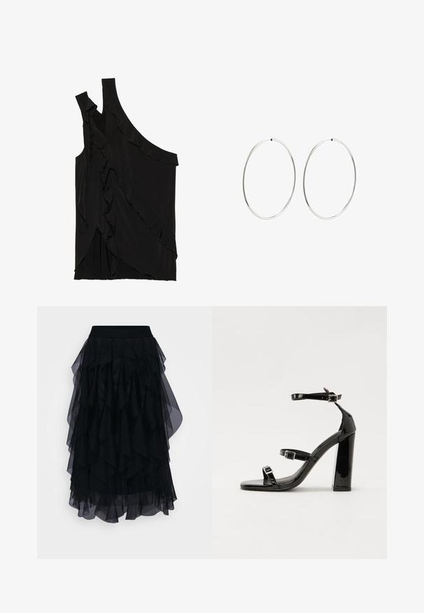 Asimetriška juoda palaidinė iš minkštos medžiagos, pasižyminti volanais šone ir viena petneša. Lygi tekstūra su švelniais drapiruotais elementais.; Juoda sluoksniuota tultūro sijonas su plačiu elastingu juosmeniu. Dizainas apima pūkuotas pakopas su permatomu apdaila, suteikiančia laisvą siluetą.; Juoda blizgi lakuota basutė su kvadratiniu pirštu, kulkšnies dirželiais ir sidabro sagtimis. Yra tvirta blokinė kulno konstrukcija, užtikrinanti stabilumą.; Sidabriniai auskarai-žiedai su lygiu, apvaliu dizainu ir blizgiu paviršiumi. Jie yra ploni ir lengvi, turintys paprastą užsegimą.