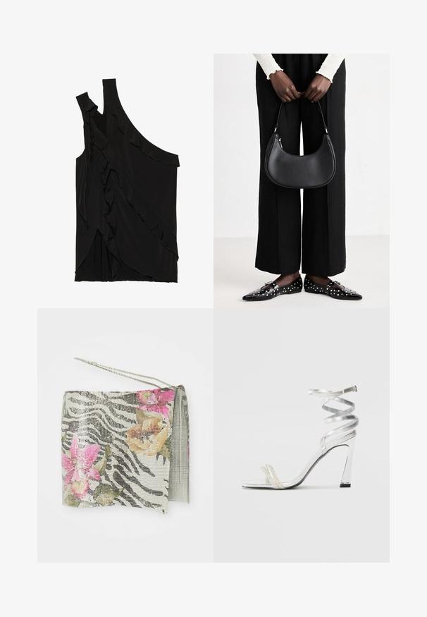 Asymetryczny czarny top z miękkiego materiału, z falbanami po boku i jednym ramiączkiem. Gładka tekstura z elementami drapowania.; Kopertówka w wzór zebry z metalicznej siateczki, z różowymi i pomarańczowymi kwiatowymi akcentami. Zawiera srebrny łańcuszek i detal w postaci frędzla.; Srebrna sandał na wysokim obcasie z błyszczącym wzorem paska, z akcentem w postaci perły i spiraledowym paskiem na kostkę dla bezpiecznego dopasowania.; Czarna skórzana torba na ramię o zaokrąglonym kształcie, z połyskującym wykończeniem i srebrnymi akcentami. Osoba w czarnych spodniac wyszczuplających i znaczonymi loafersami.; Srebrne kolczyki w kształcie serca posiadają fasetowane przezroczyste kamienie, otoczone teksturowaną ramą. Zestaw obejmuje kolczyki w stylu wkrętów oraz wiszące.