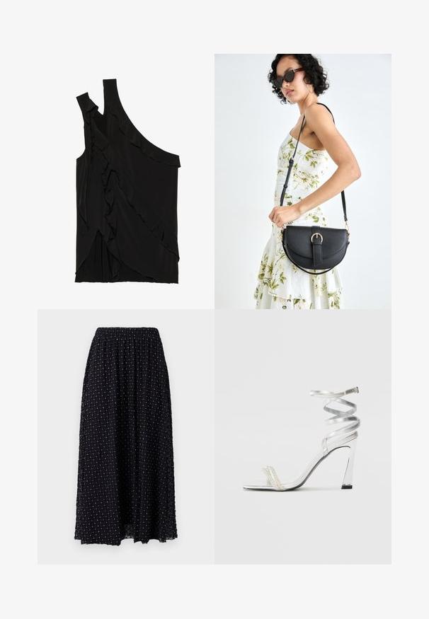Haut asymétrique noir en tissu doux avec des volants sur le côté et une seule bretelle. Texture lisse avec des éléments de design drapés.; Jupe maxi noire avec une texture en maille à motif de diamant, taille élastique et légère fronce en haut, avec des accents argentés partout.; Sandale à talons hauts argentée avec un design de lanière brillante, mettant en avant un accent semblable à une perle et une lanière de cheville en spirale pour un maintien sécurisé.; Sac à main en cuir noir avec une forme courbée, bandoulière amovible et des accessoires en or. Le sac est doté d'un rabat avec un détail de boucle.