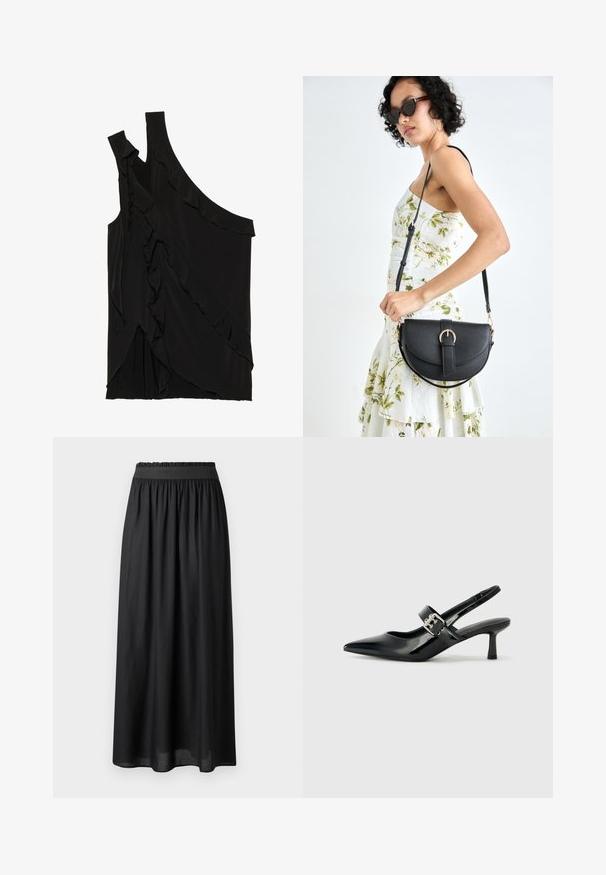 Asymmetrische zwarte top van zachte stof met rimpels aan de zijkant en een enkele band. Gladde textuur met gedrapeerde ontwerpelementen.; Zwarte mid-length rok van lichtgewicht stof, met een elastische tailleband en een vloeiende pasvorm met een gladde textuur.; Zwarte gepatineerde leren slingback hakken met een puntige neus en een kleine blokhak, met een zilveren gespaccent op de band.; Zwarte leren handtas met een gebogen vorm, afneembare schouderband en gouden hardware. De tas heeft een klep met een gespsluiting.