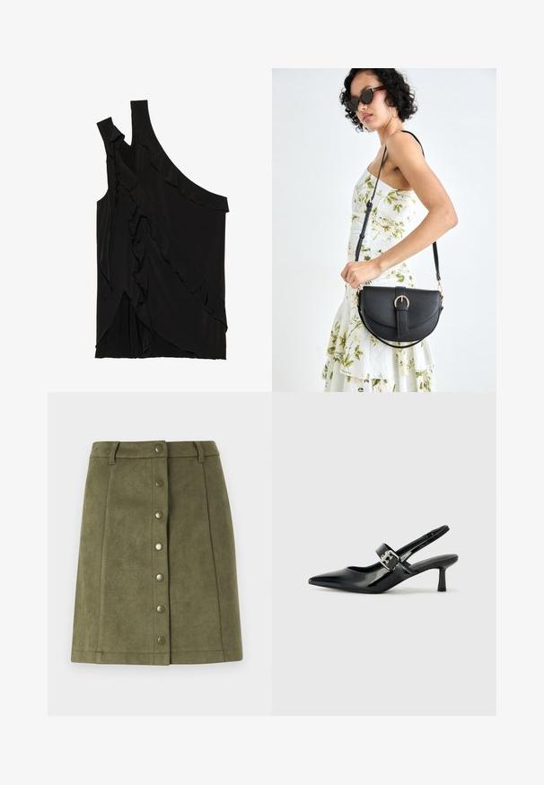 Asymetrický čierny top z jemnej tkaniny s volánmi po boku a jedným ramienkom. Hladká textúra s drapovanými dizajnovými prvkami.; Olívová sukňa vyrobená z mäkkého materiálu podobného zamšovej koži. Obsahuje predné uzatváranie na gombíky z kovu a má rovný strih.; Čierne patentové kožené sandále na podpätku so špicatou špičkou a malým blokovým podpätkom, s dekoratívnou striebornou sponou na remienku.; Čierna kožená kabelka s zaobleným tvarom, odnímateľným popruhom a zlatými doplnkami. Kabelka má klopu s detailom s prackou.