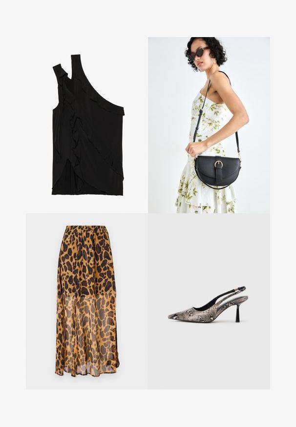 Ebaasne must ülasärk pehmest kangast, rippuvate frillide ja ühe rihmaga. Sile tekstuur, millel on drapeeritud disainielemendid.; Leopardi mustriga seelik, mis on valmistatud kergetest ja läbipaistvatest kangast. Omab elastset vöökohta ja voolavat disaini, millel on pruunide ja mustade laigude toone.; Kitsas varvusega slingback kingad, mis on valmistatud tekstuuriga maosarnase materjali toel, omavad saledat musta kõrget kontsa ja lõikega disaini külgedel.; Mustmust mustraha kõverate joontega, eemaldatava rihmaga ja kuldsete detailidega. Kotil on klapp, millel on pandladetail.