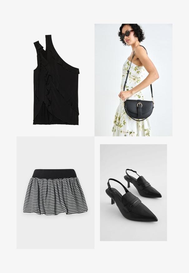 Asimetrisks melns tops no mīksta auduma ar volāniem pa sāniem un vienu siksniņu. Gluda tekstūra ar slīdoša dizaina elementiem.; Melna un balta svītrainā svārku svārku ar sakrautā dizaina un elastīgu jostu, izgatavots no mīksta materiāla. Ievērojama ir plūstoša forma pilnīguma nodrošināšanai.; Melnas ādas slingback papēžu kurpes ar norādītām purngalām, kas aprīkotas ar platām priekšējām jostām un sudraba toņu detaļām. Strukturēta apdare, vidēja augstuma papēdis.; Melnas ādas rokassoma ar izliekta formu, noņemamu siksnu un zelta aksesuāriem. Somai ir vāciņš ar sprādzes detaļu.